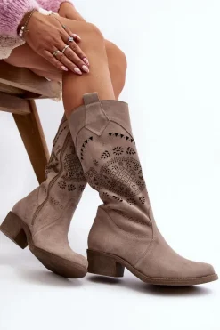 Zazoo 4043 Zamszowe Kozaki Na Niskim Obcasie Ażurowe Cappucino