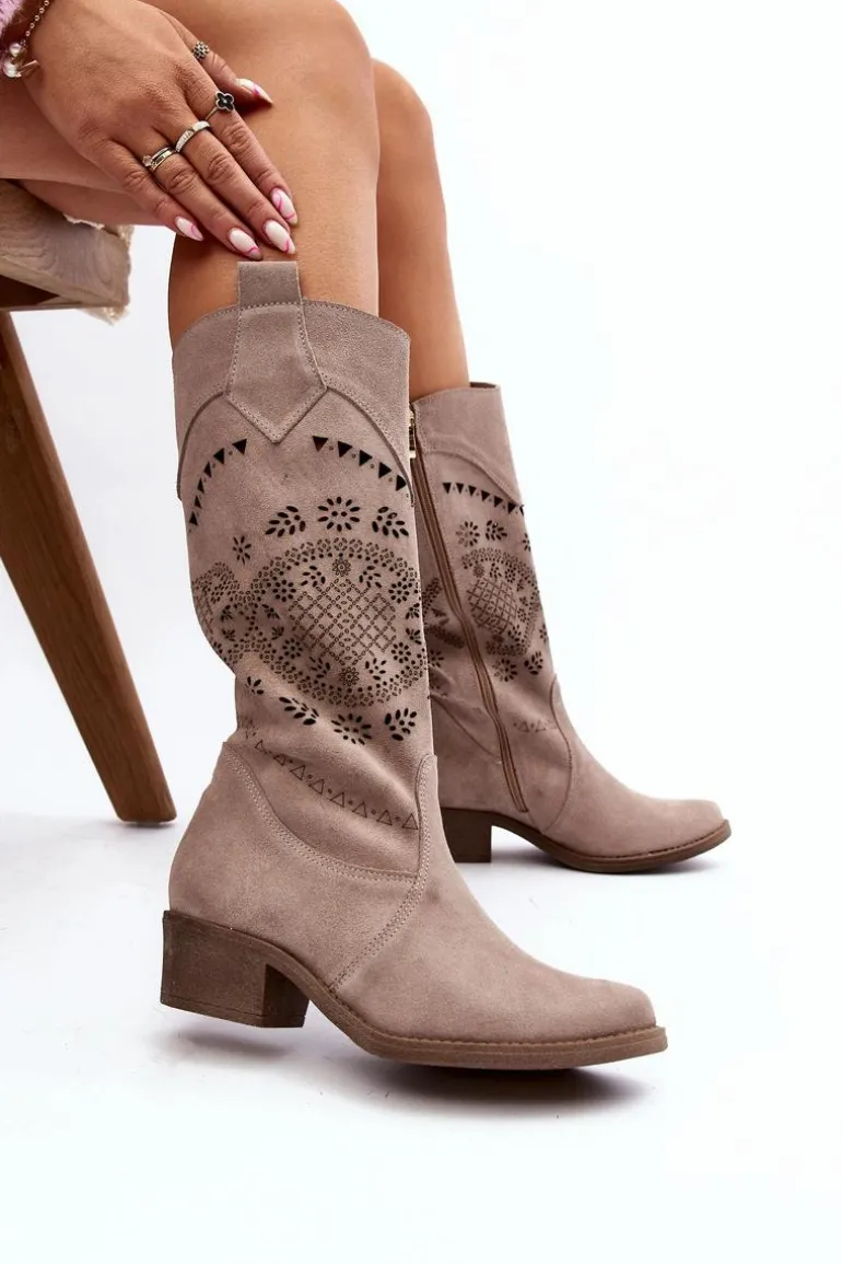 Zazoo 4043 Zamszowe Kozaki Na Niskim Obcasie Ażurowe Cappucino