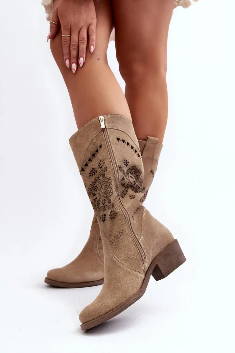 Zazoo 4043 Zamszowe Kozaki Na Niskim Obcasie Ażurowe Beżowe