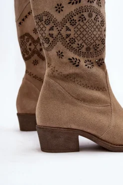 Zazoo 4043 Zamszowe Kozaki Na Niskim Obcasie Ażurowe Beżowe