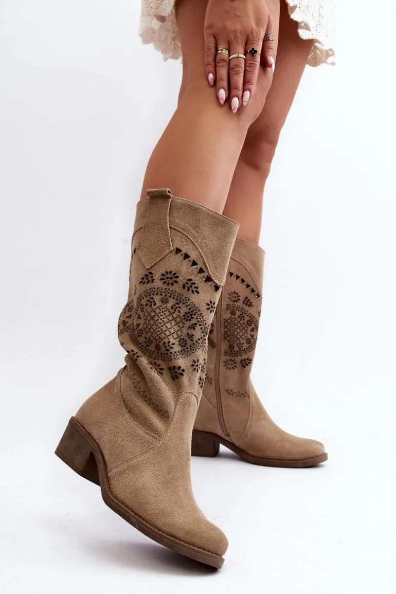 Zazoo 4043 Zamszowe Kozaki Na Niskim Obcasie Ażurowe Beżowe