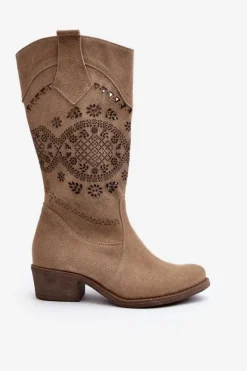 Zazoo 4043 Zamszowe Kozaki Na Niskim Obcasie Ażurowe Beżowe