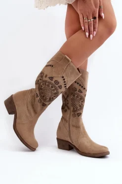 Zazoo 4043 Zamszowe Kozaki Na Niskim Obcasie Ażurowe Beżowe