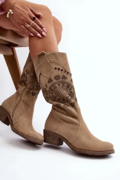 Zazoo 4043 Zamszowe Kozaki Na Niskim Obcasie Ażurowe Beżowe