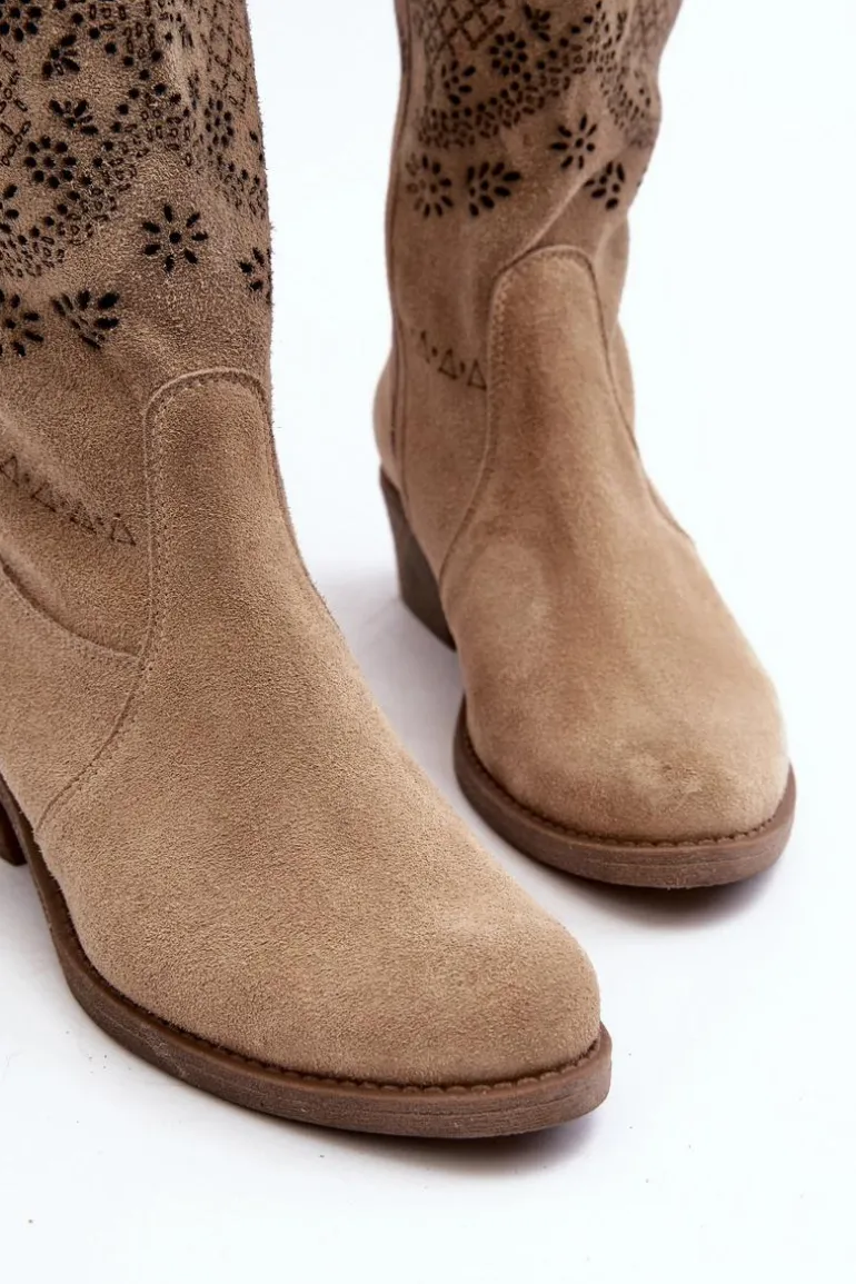 Zazoo 4043 Zamszowe Kozaki Na Niskim Obcasie Ażurowe Beżowe