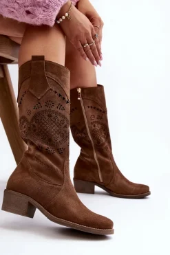 Zazoo 4043 Zamszowe Kozaki Na Niskim Obcasie Ażurowe Brązowe