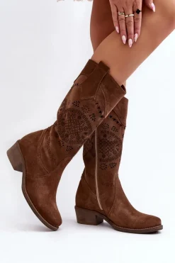 Zazoo 4043 Zamszowe Kozaki Na Niskim Obcasie Ażurowe Brązowe