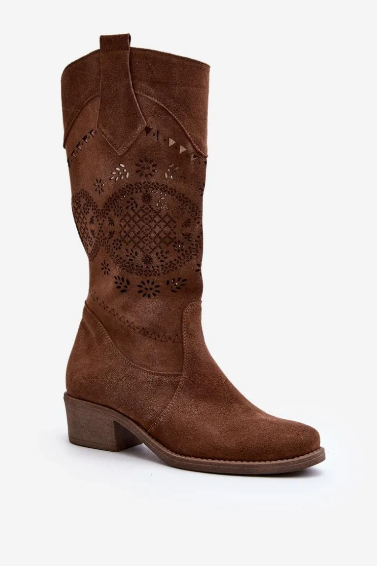 Zazoo 4043 Zamszowe Kozaki Na Niskim Obcasie Ażurowe Brązowe