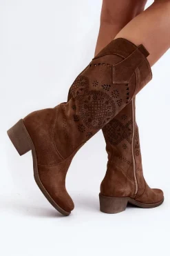 Zazoo 4043 Zamszowe Kozaki Na Niskim Obcasie Ażurowe Brązowe