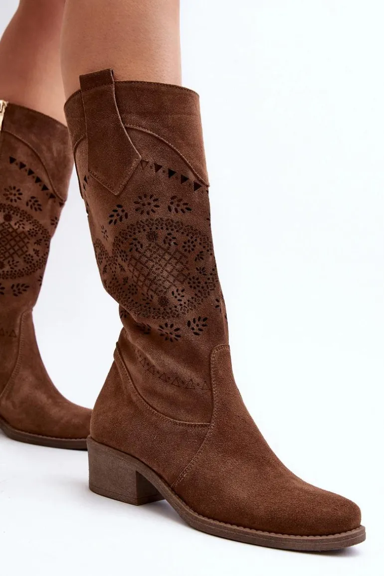 Zazoo 4043 Zamszowe Kozaki Na Niskim Obcasie Ażurowe Brązowe