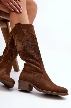 Zazoo 4043 Zamszowe Kozaki Na Niskim Obcasie Ażurowe Brązowe