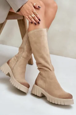 Zazoo 70145 Zamszowe Kozaki Przed Kolano Ocieplane Beżowe