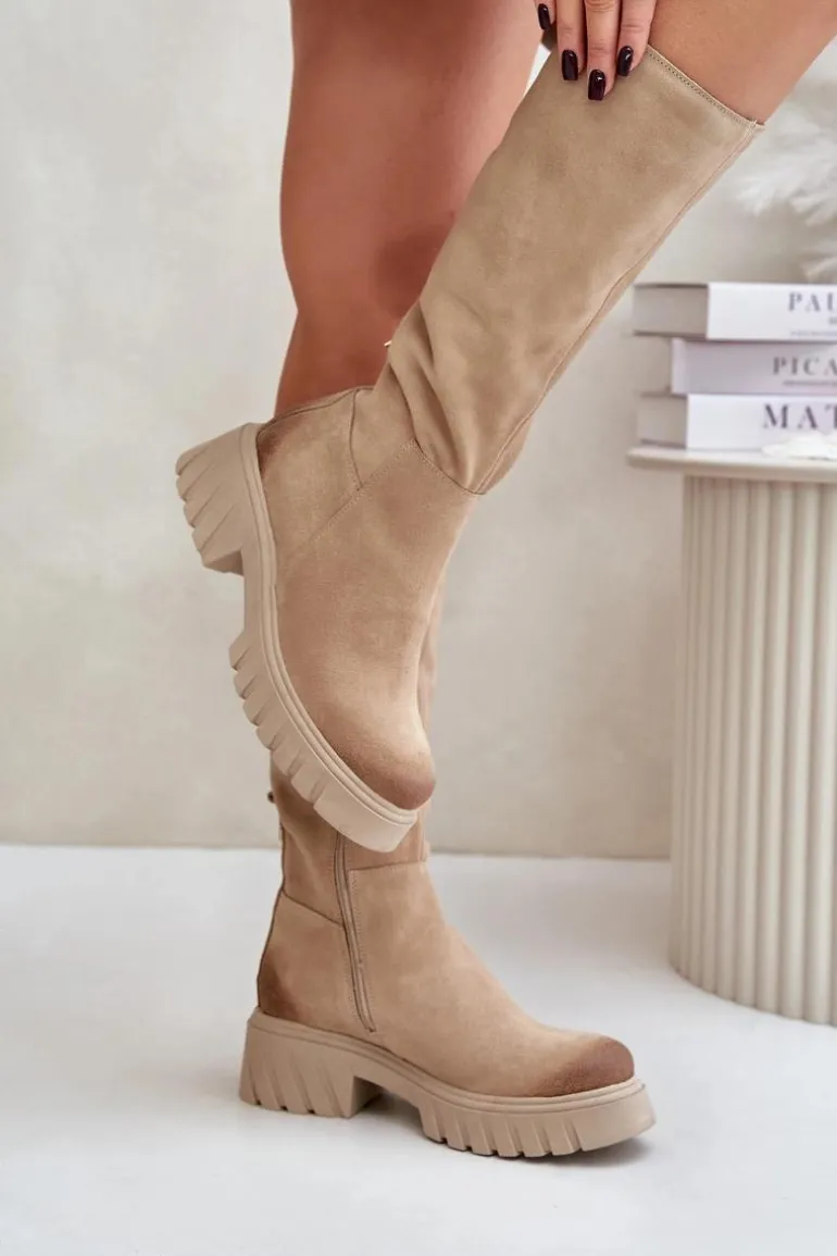 Zazoo 70145 Zamszowe Kozaki Przed Kolano Ocieplane Beżowe