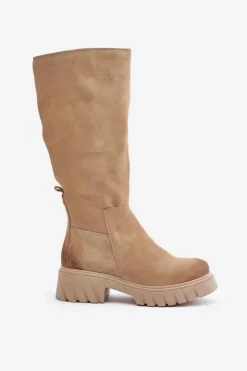 Zazoo 70145 Zamszowe Kozaki Przed Kolano Ocieplane Beżowe