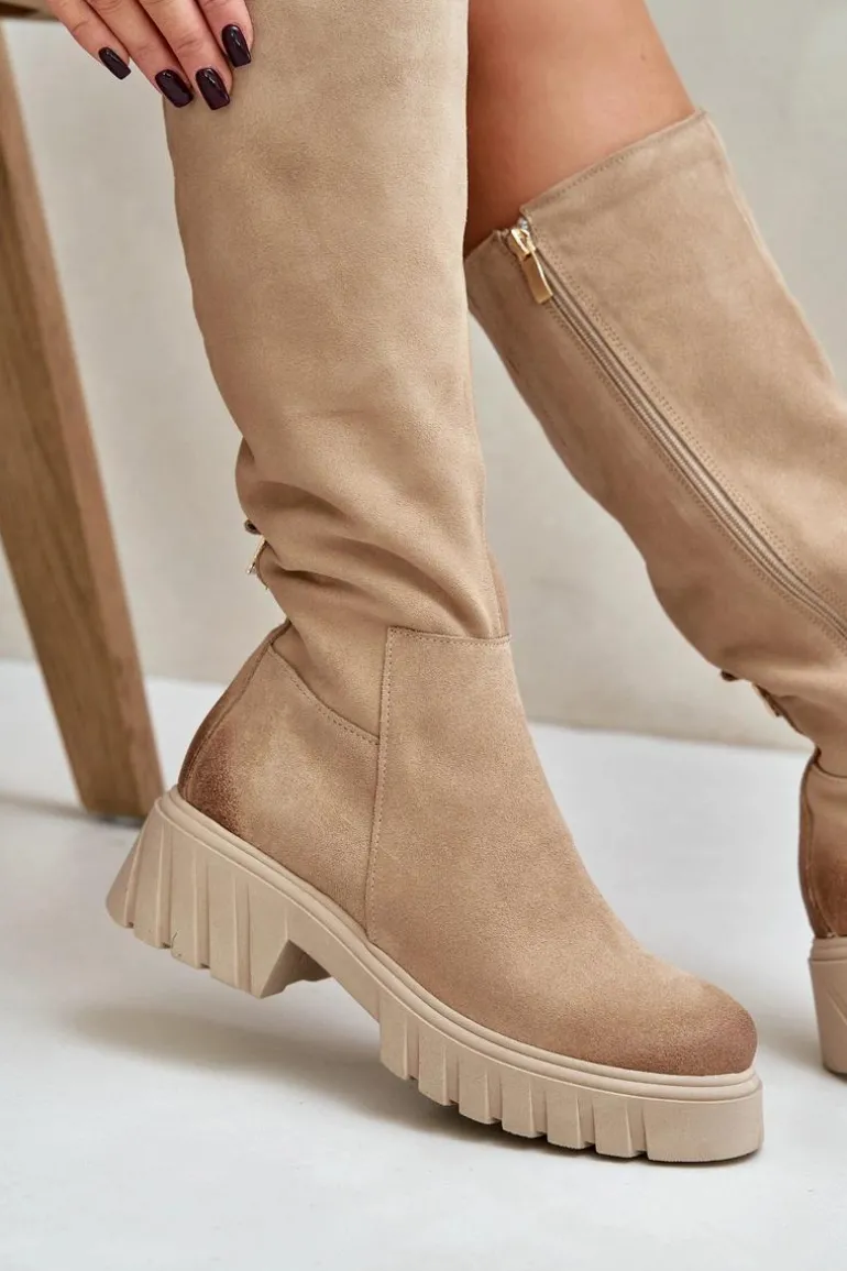 Zazoo 70145 Zamszowe Kozaki Przed Kolano Ocieplane Beżowe