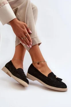 Zazoo 3420 Zamszowe Mokasyny Damskie Na Płaskim Obcasie Czarne