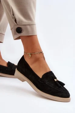 Zazoo 3420 Zamszowe Mokasyny Damskie Na Płaskim Obcasie Czarne