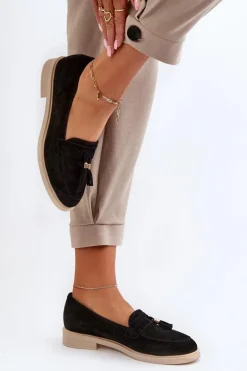 Zazoo 3420 Zamszowe Mokasyny Damskie Na Płaskim Obcasie Czarne