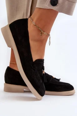 Zazoo 3420 Zamszowe Mokasyny Damskie Na Płaskim Obcasie Czarne