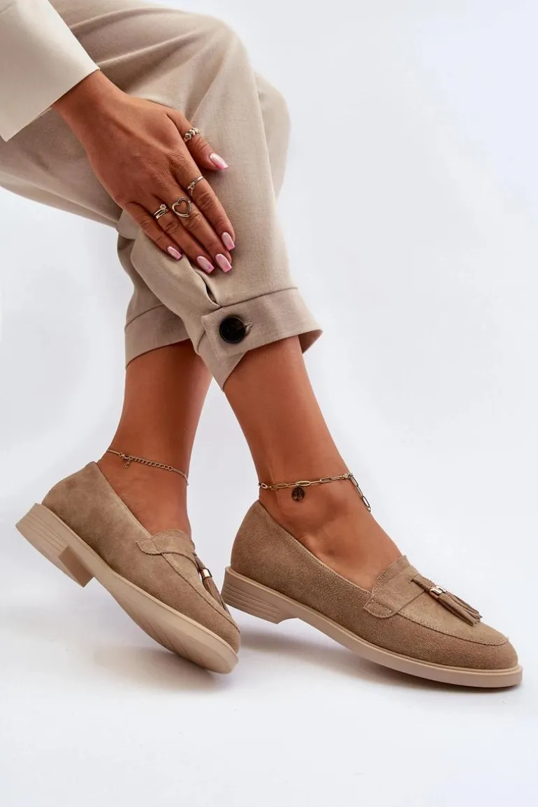 Zazoo 3420 Zamszowe Mokasyny Damskie Na Płaskim Obcasie Beżowe