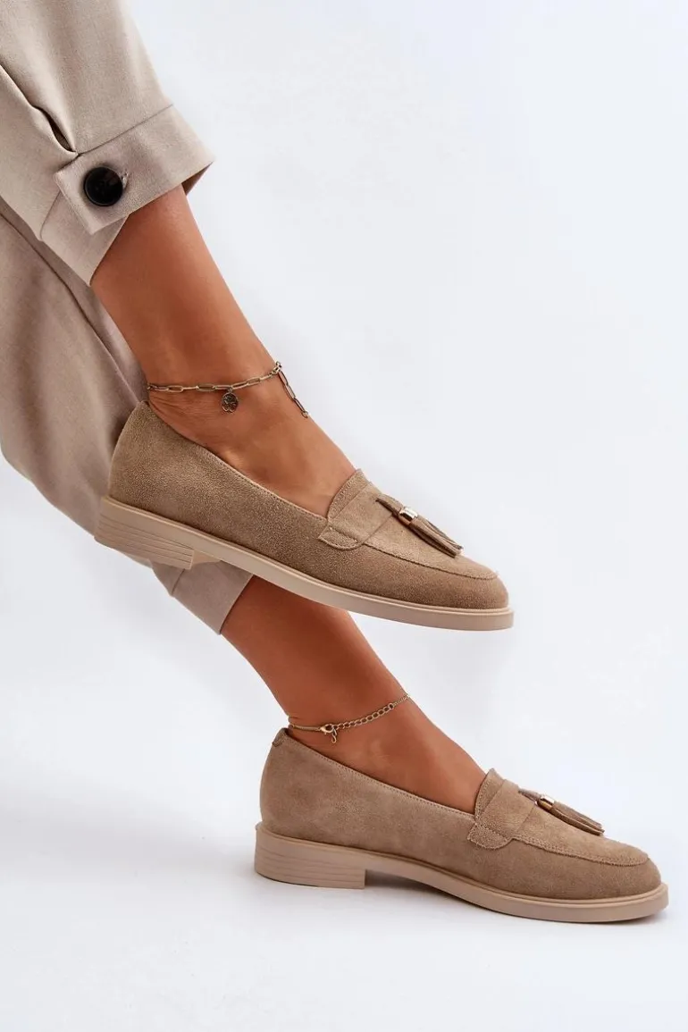 Zazoo 3420 Zamszowe Mokasyny Damskie Na Płaskim Obcasie Beżowe