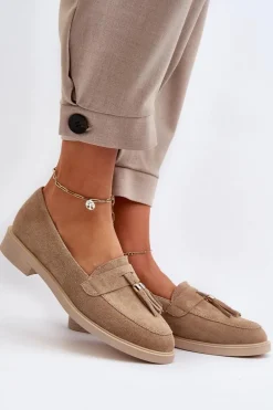 Zazoo 3420 Zamszowe Mokasyny Damskie Na Płaskim Obcasie Beżowe