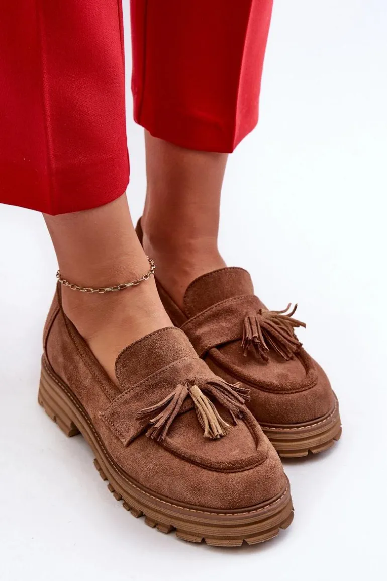 Zazoo 3469 Zamszowe Mokasyny Damskie Z Frędzlami Brązowe
