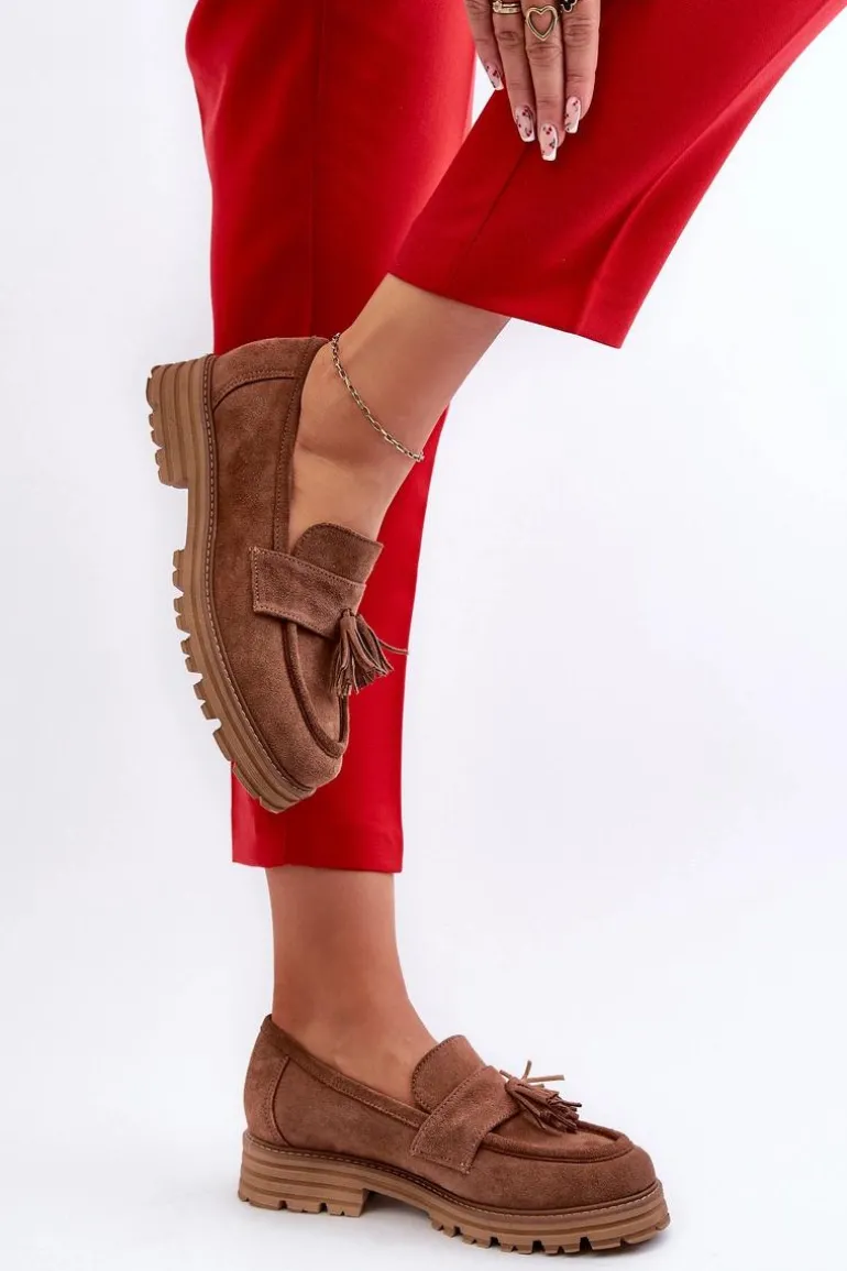 Zazoo 3469 Zamszowe Mokasyny Damskie Z Frędzlami Brązowe