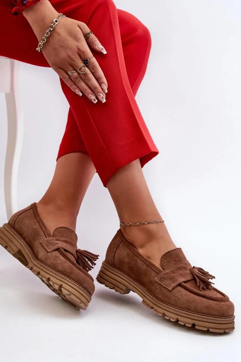 Zazoo 3469 Zamszowe Mokasyny Damskie Z Frędzlami Brązowe