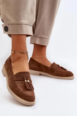 Zazoo 3420 Zamszowe Mokasyny Damskie Na Płaskim Obcasie Brązowe