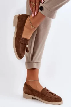 Zazoo 3420 Zamszowe Mokasyny Damskie Na Płaskim Obcasie Brązowe