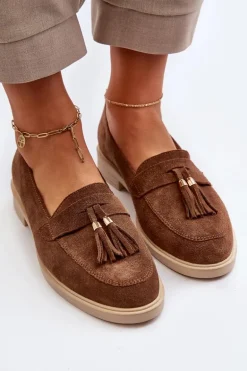 Zazoo 3420 Zamszowe Mokasyny Damskie Na Płaskim Obcasie Brązowe