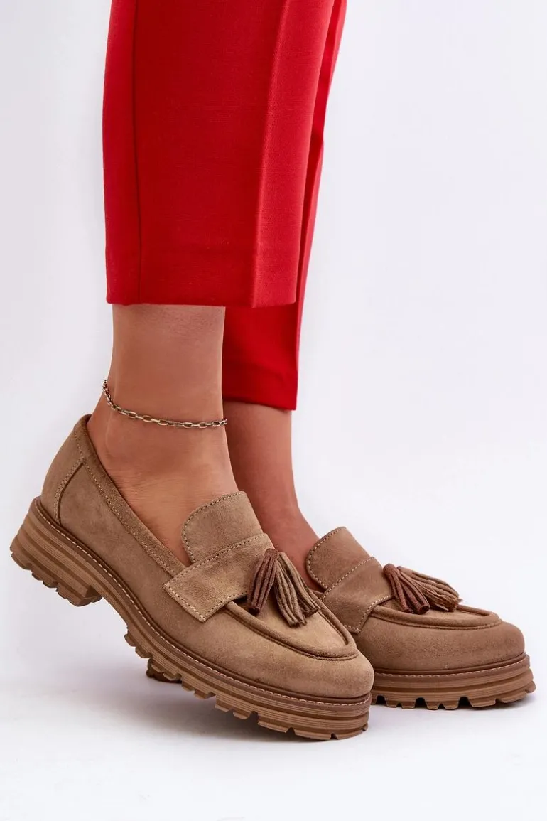 Zazoo 3469 Zamszowe Mokasyny Damskie Z Frędzlami Beżowe