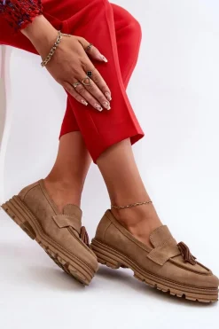 Zazoo 3469 Zamszowe Mokasyny Damskie Z Frędzlami Beżowe