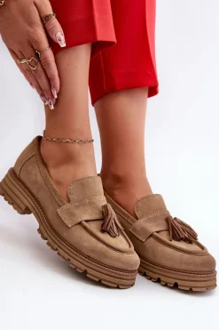 Zazoo 3469 Zamszowe Mokasyny Damskie Z Frędzlami Beżowe