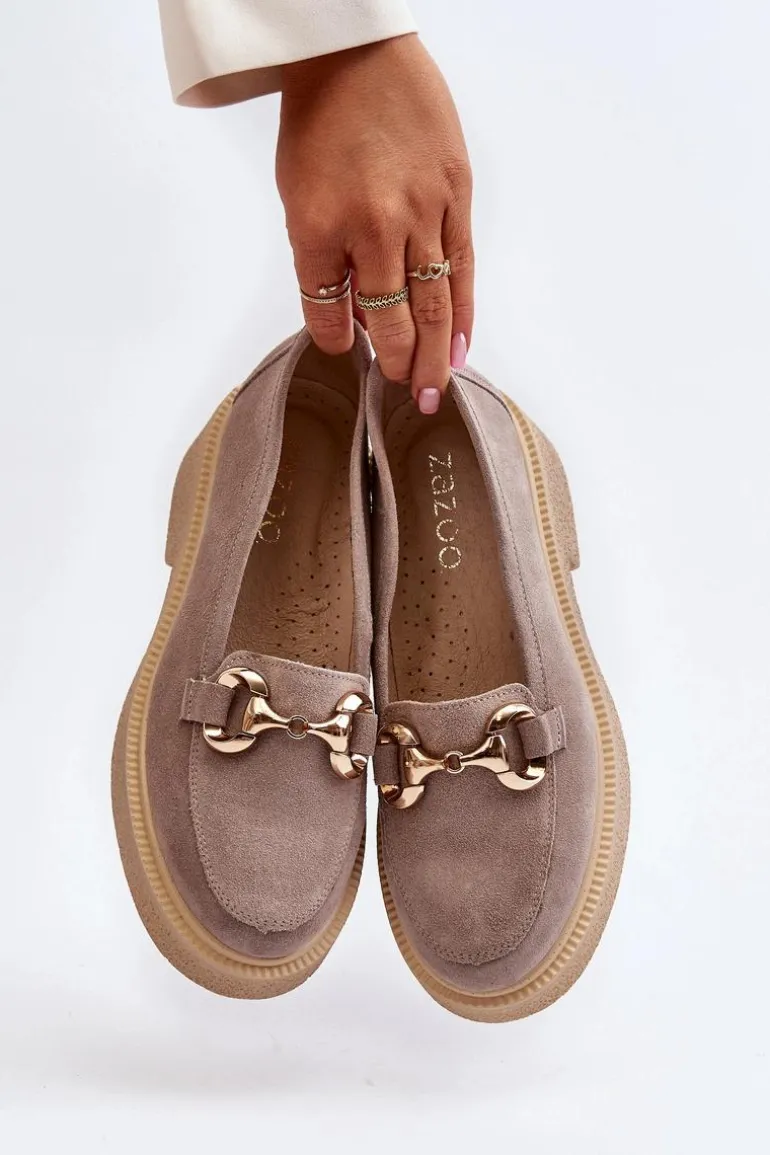 Zazoo 3429 Zamszowe Mokasyny Damskie Z Ozdobą Cappuccino