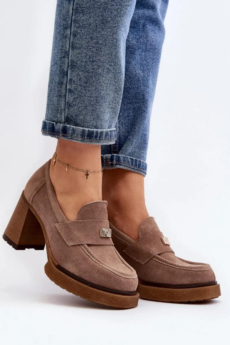 Zazoo 20169 Zamszowe Półbuty Na Obcasie Ciemnobeżowe