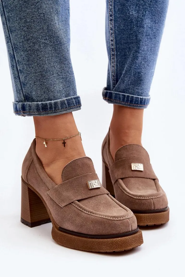 Zazoo 20169 Zamszowe Półbuty Na Obcasie Ciemnobeżowe