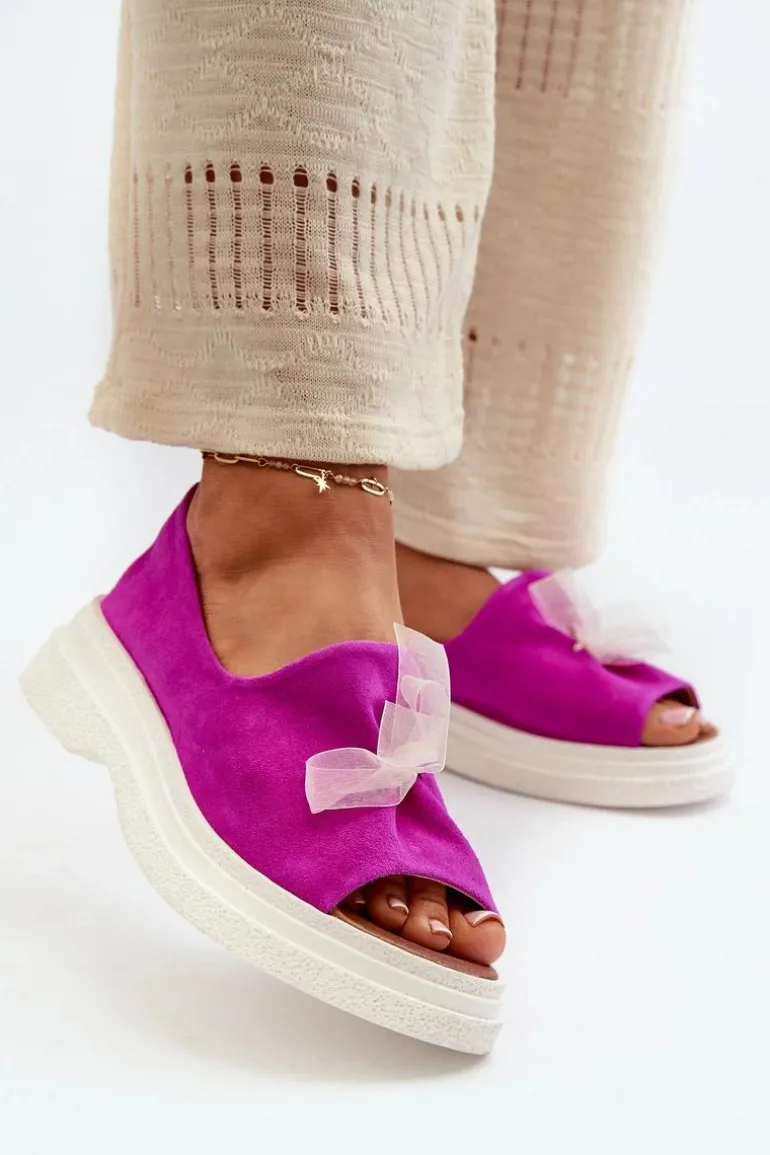 Zazoo 2939 Zamszowe Sandały Damskie Z Kokardką Fuksja
