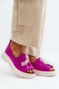 Zazoo 2939 Zamszowe Sandały Damskie Z Kokardką Fuksja