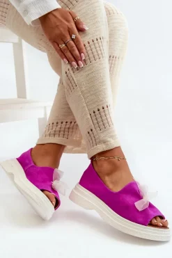 Zazoo 2939 Zamszowe Sandały Damskie Z Kokardką Fuksja