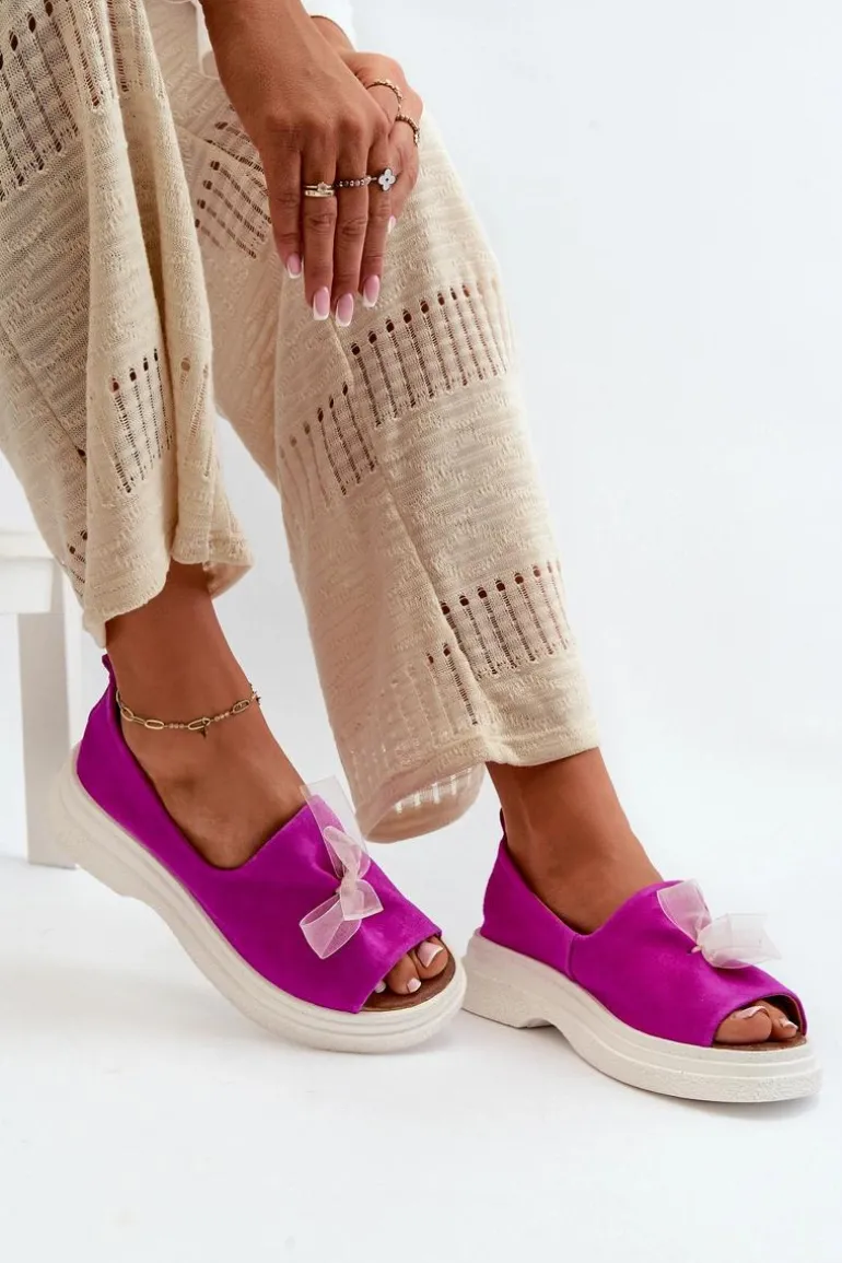 Zazoo 2939 Zamszowe Sandały Damskie Z Kokardką Fuksja