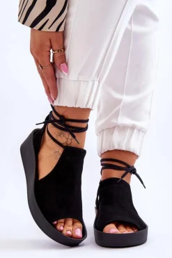 Zazoo 2743 Zamszowe Sandały Na Koturnie Czarne