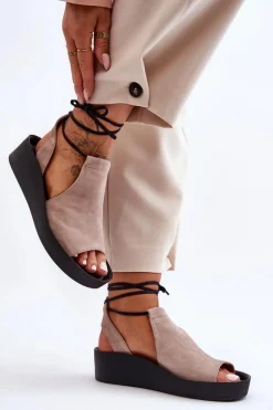 Zazoo 2743 Zamszowe Sandały Na Koturnie Beżowe