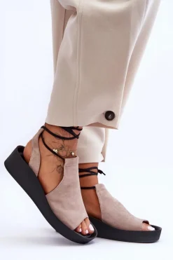 Zazoo 2743 Zamszowe Sandały Na Koturnie Beżowe