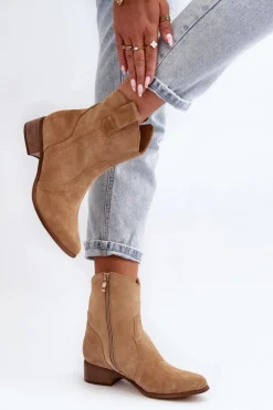 Zazoo 3305/2/G Damskie Zamszowe Botki Kowbojki Na Niskim Obcasie Beżowe