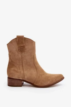Zazoo 3305/2/G Damskie Zamszowe Botki Kowbojki Na Niskim Obcasie Beżowe