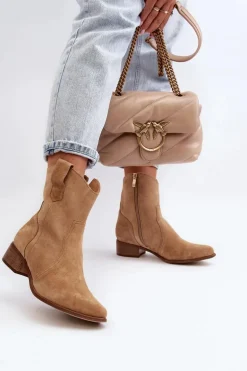 Zazoo 3305/2/G Damskie Zamszowe Botki Kowbojki Na Niskim Obcasie Beżowe