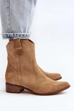 Zazoo 3305/2/G Damskie Zamszowe Botki Kowbojki Na Niskim Obcasie Beżowe