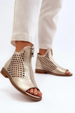 Zazoo 977/L Skórzane Ażurowe Sandały Na Zamek Złote